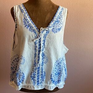 LUCKY BRAND 100% Cotton   Blue and White V-Neck Blouse